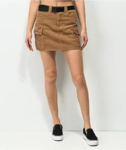 Angel Kiss Brown Corudory Belted Mini Skirt