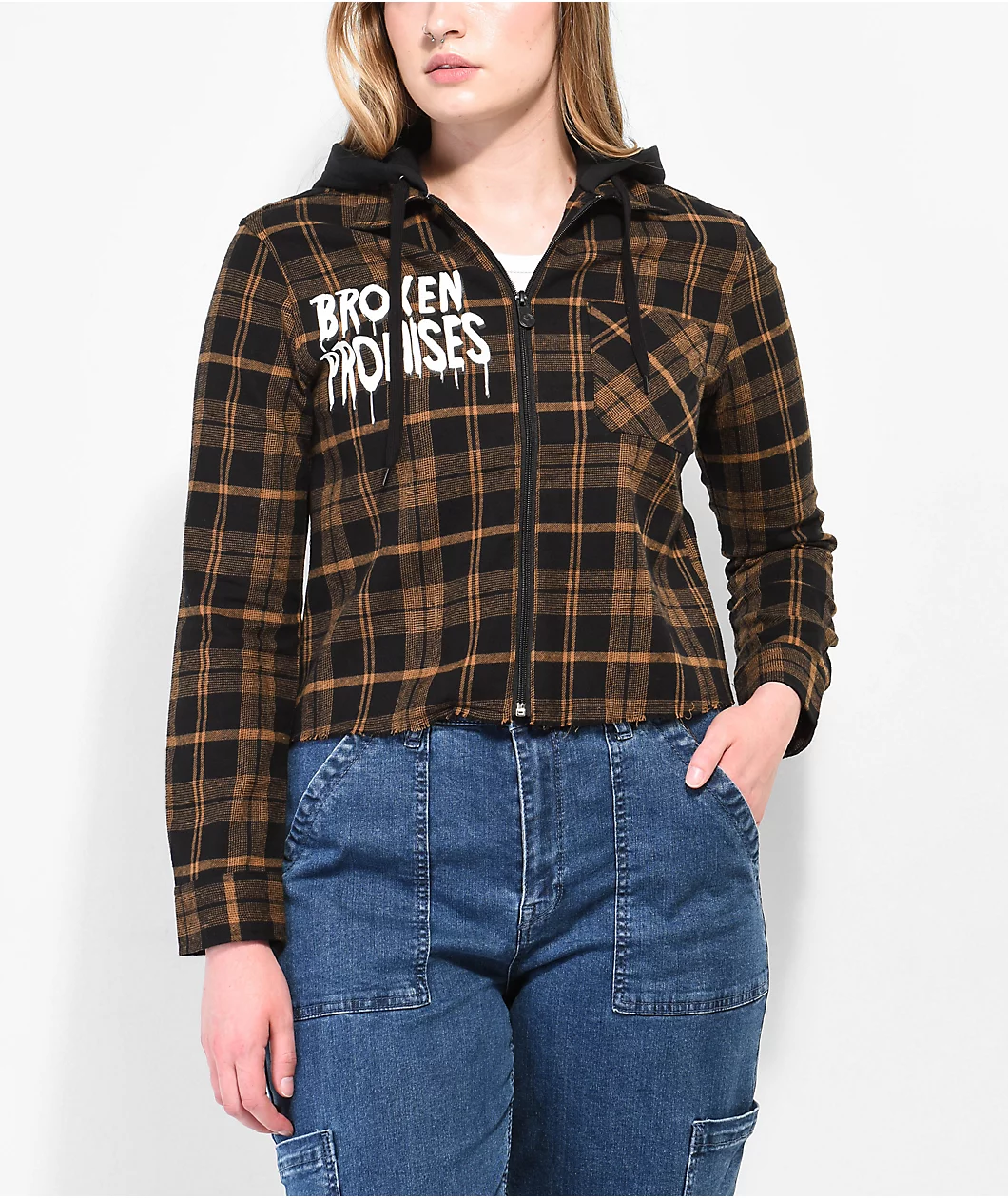 Broken Promises Love Is Lethal Brown Hooded Flannel Jacket - Image 2
