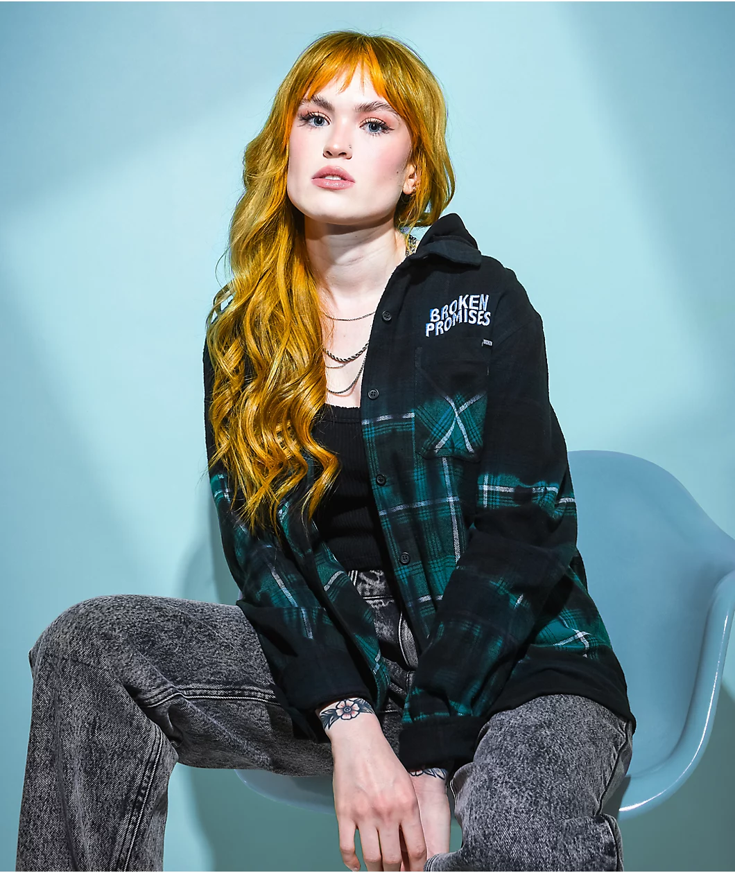 Broken Promises Thomas Overdyed Green Hooded Flannel Shirt - Image 4