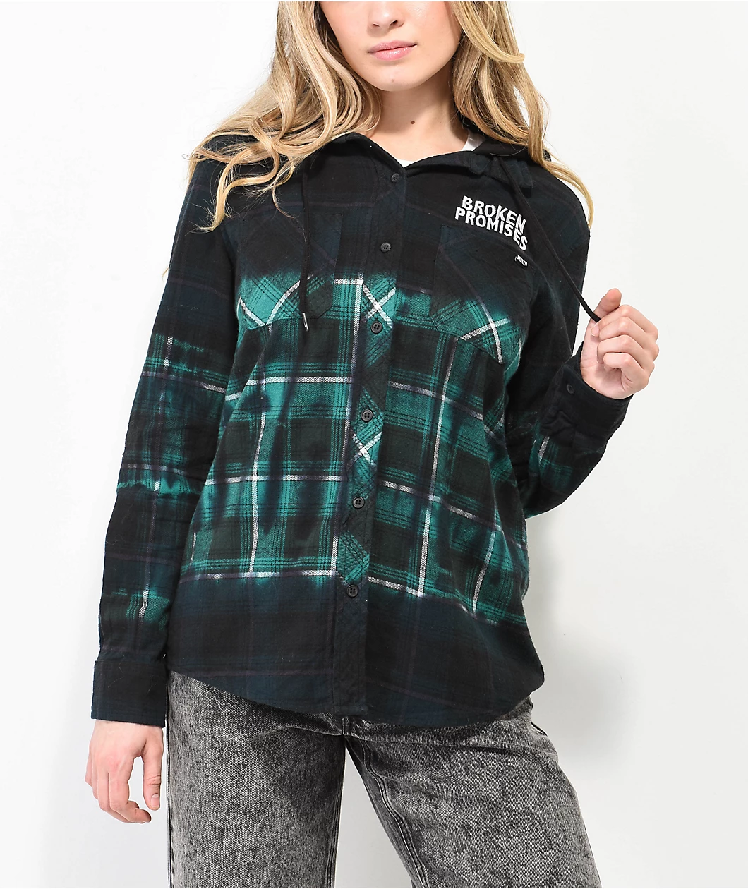 Broken Promises Thomas Overdyed Green Hooded Flannel Shirt - Image 2