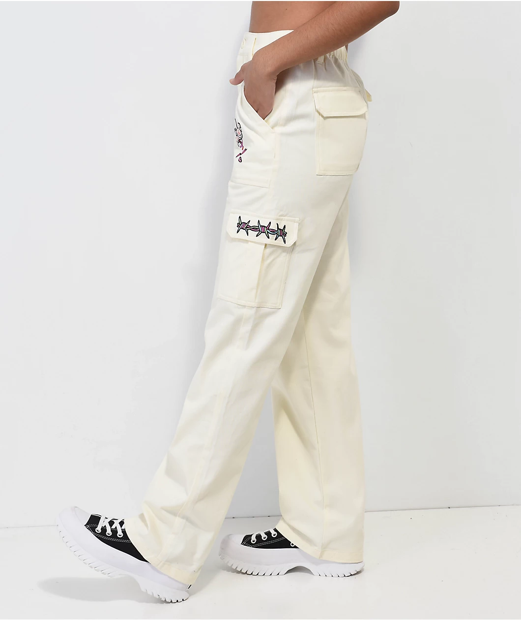 Broken Promises X Happy Bunny Focus On Me White Cargo Pants - Image 3