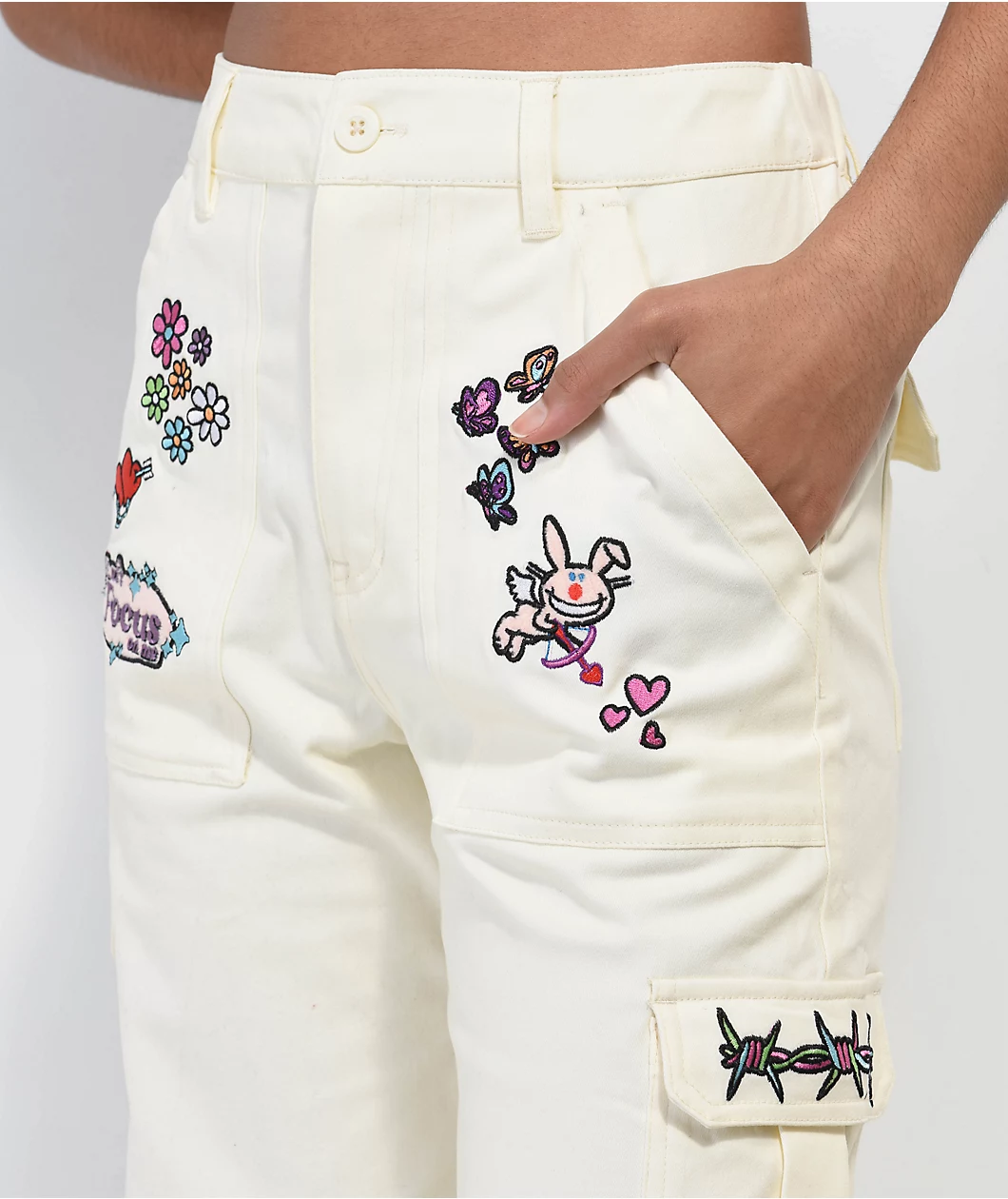 Broken Promises X Happy Bunny Focus On Me White Cargo Pants - Image 4