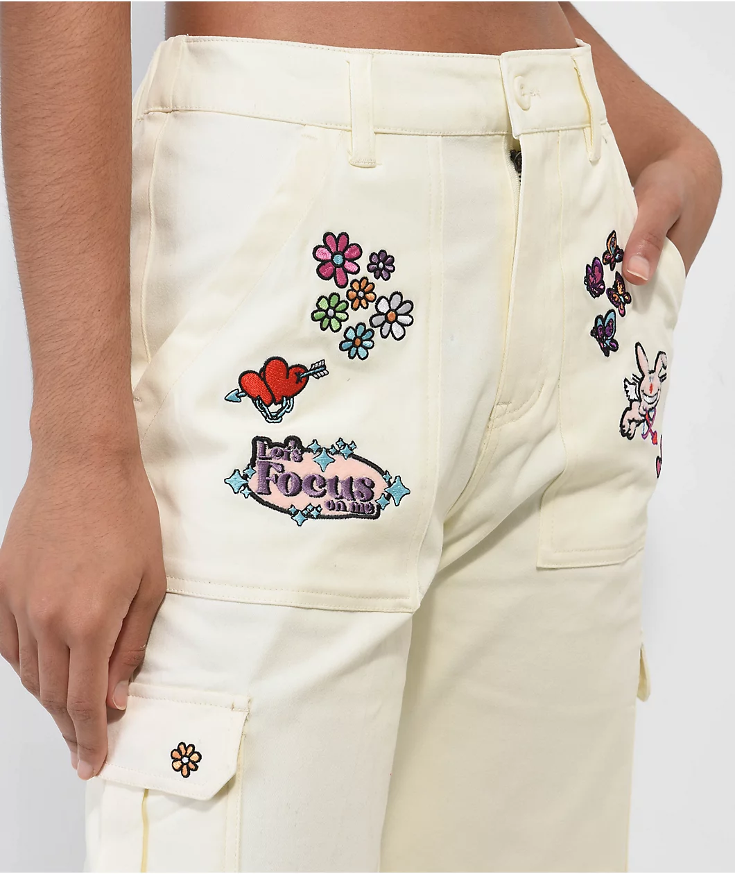 Broken Promises X Happy Bunny Focus On Me White Cargo Pants - Image 5