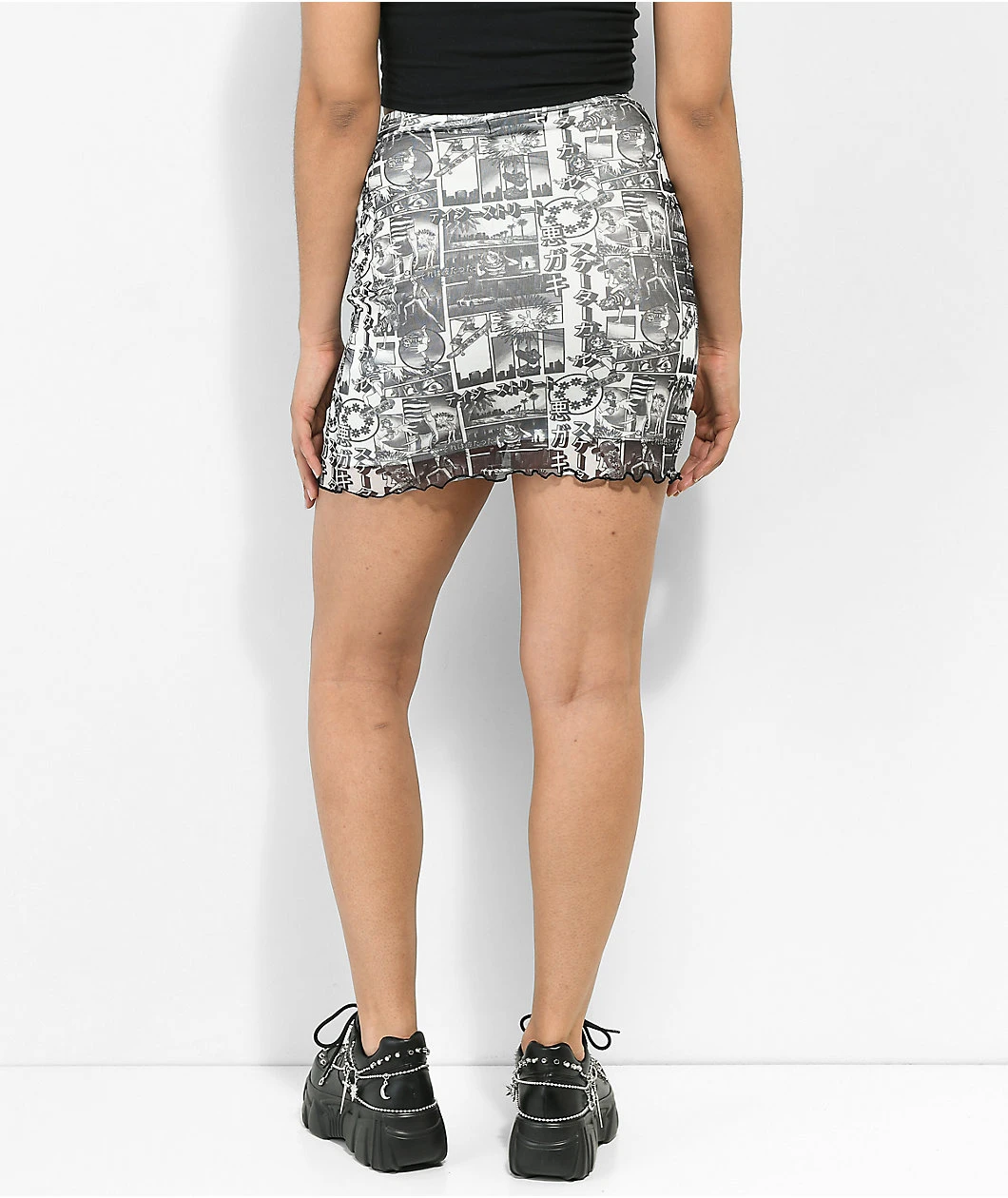 Daisy Street Anime Black & White Mesh Mini Skirt - Image 2