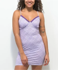 Empyre Dove Purple Plaid Lace Slip Dress