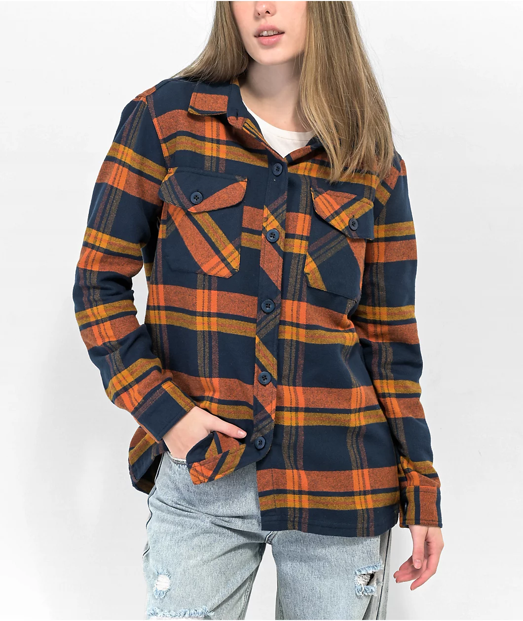 Empyre Jayden Blue & Rust Plaid Flannel Shirt - Image 3
