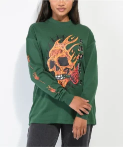 Empyre Velma Flame Skulls Dark Green Long Sleeve T-Shirt
