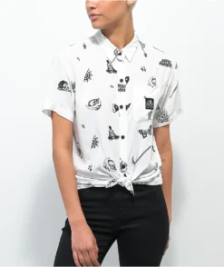 Lurking Class By Sketchy Tank Mixed White Short Sleeve Button Up Tie Front Shirt