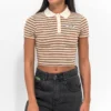 Monet Madina Brown Striped Crop Polo Shirt